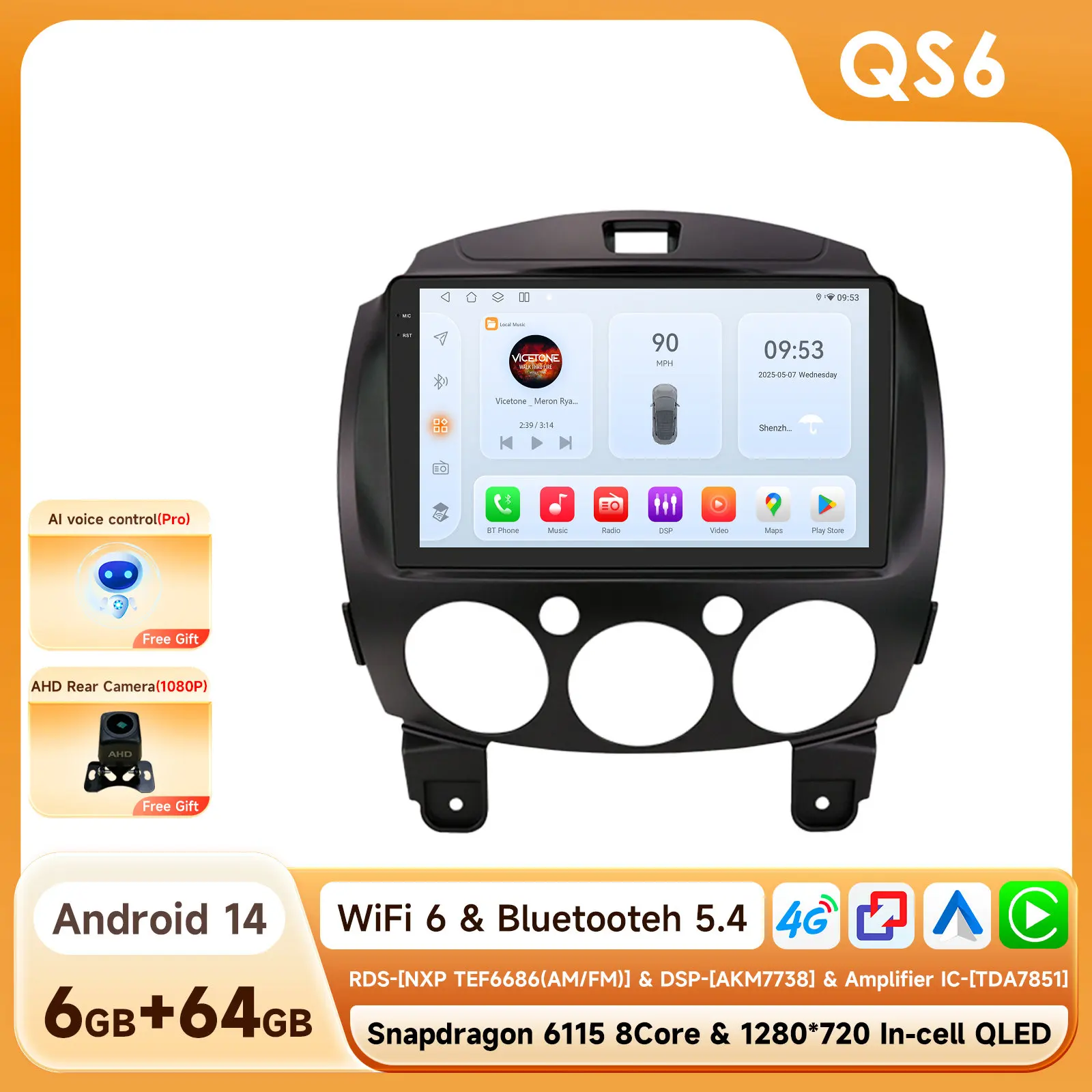 360 Camera 2Din Android 14 Autoradio Voor Mazda 2 2007 2008-2014 Auto Multimedia GPS 4G Carplay intelligente Scherm autoradio 6115