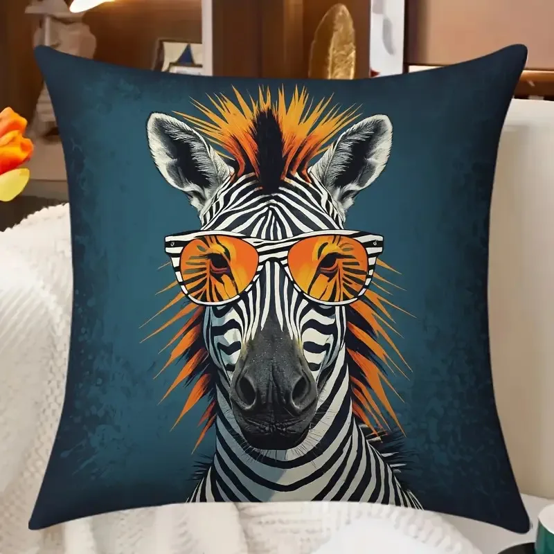 1pc 2D Flat Pillow Not Included Zebra Sunglasses Punk Style Cushion Cover Short Plush Funny Animal Decor Gift Case