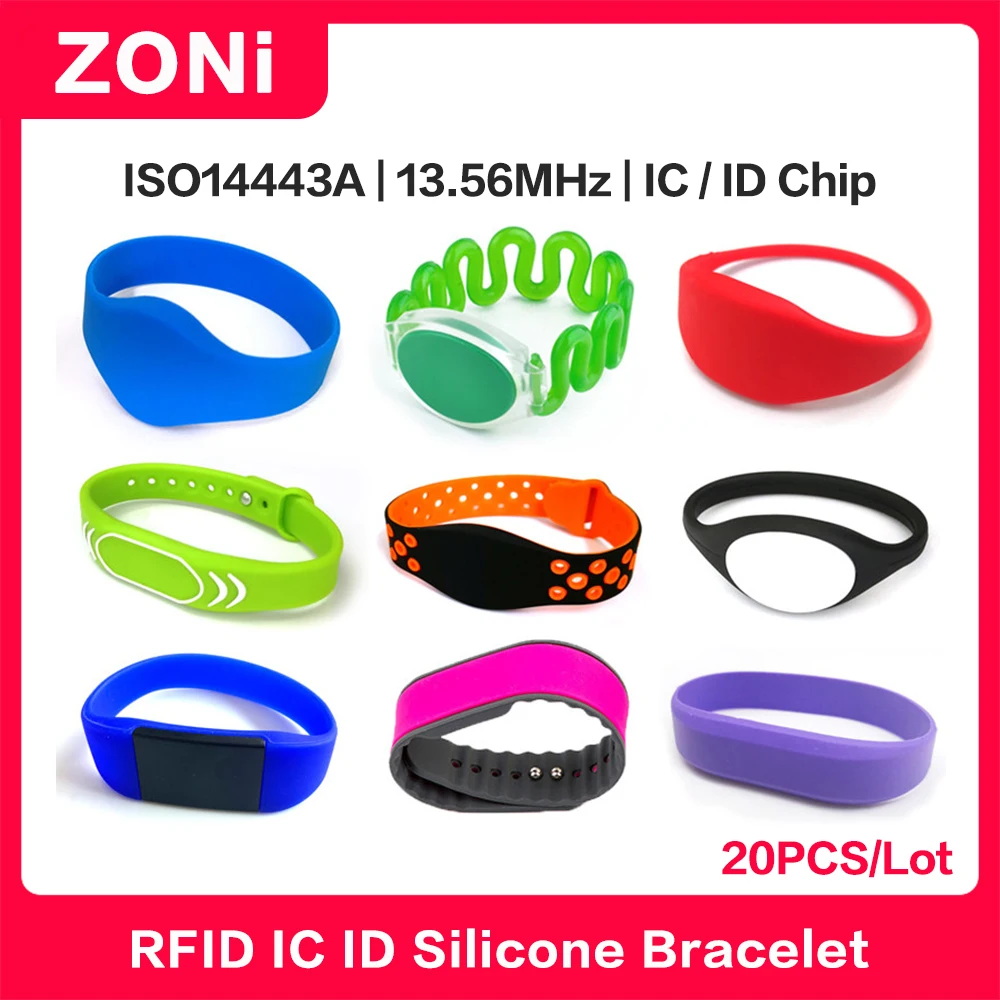 RFID IC ID Silicone Wristband Fudan F08 S50 M1 13.56MHz / TK4100 Chip 125KHz Waterproof Wrist Tag for Swimming & Foot Spa 20PCS