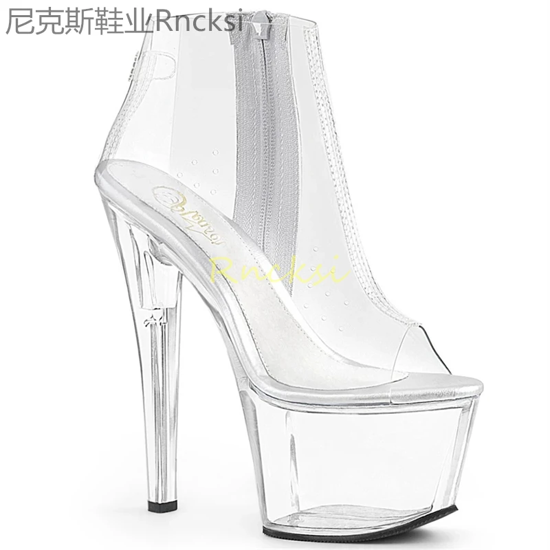 17cm Fashion show pole dancing shoes ultra-high heel fully transparent night sexy sandals women waterproof platform ladies boots