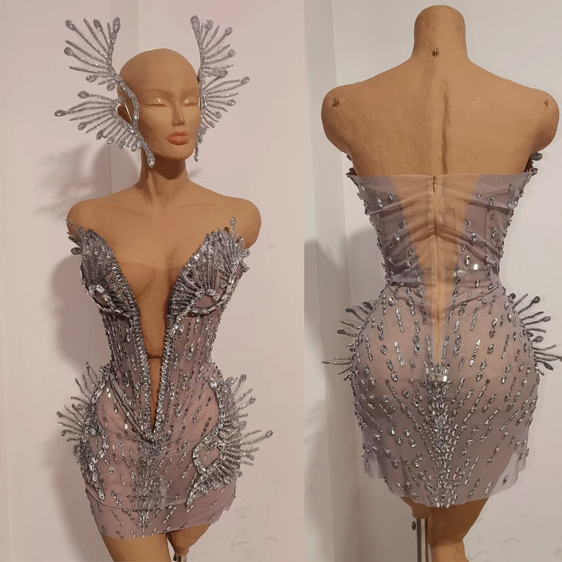 

Full Rhinestones Evening Dress Headwear Women Singer Sexy Mesh Festival Dress Bar Gogo Costume Stage Performance Wear XS11412
