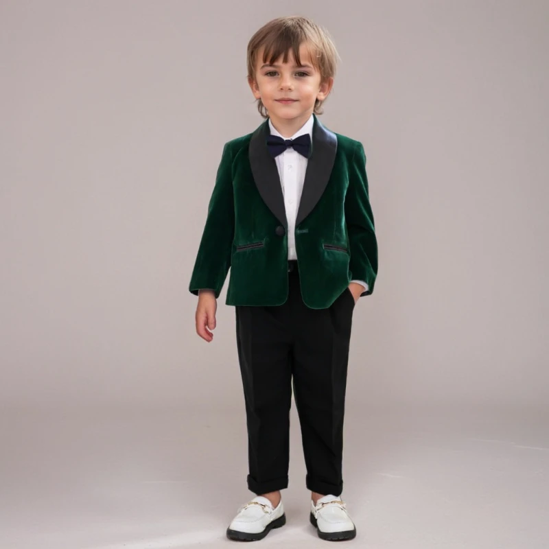 Children One Year Old Birthday Tuxedo Outfits Black Elegance Velvet Weddings Suit for Boys Gentleman Piano Performance Costume