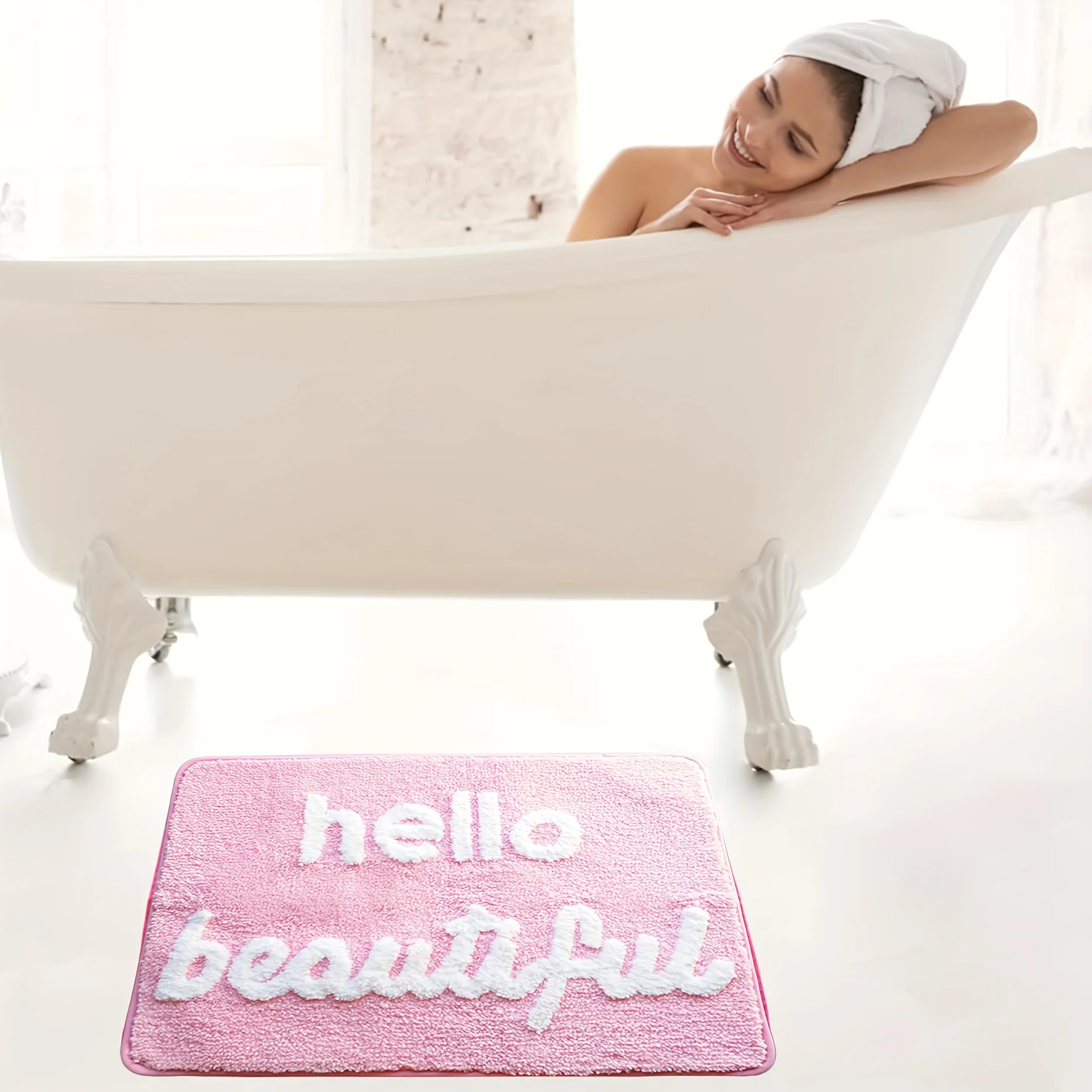 1pc, Hello Beautiful Non-slip Bathroom Mat, Light Pink Blush Cute Bathroom Carpet You Look Good, Fun Shower Fun Bathroom Decor