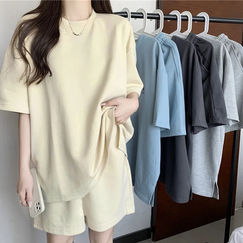 2 pieces women sets new summer style fashion loose solid-color half sleeve top+sports shorts sweet women's sets