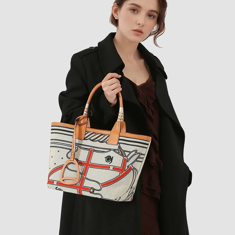 Practical Bag Women Canvas Tote Bag Fashion Printed Open Top Large Capacity Casual Handbag Underarm Bag Ladies Girls Outfit Bag