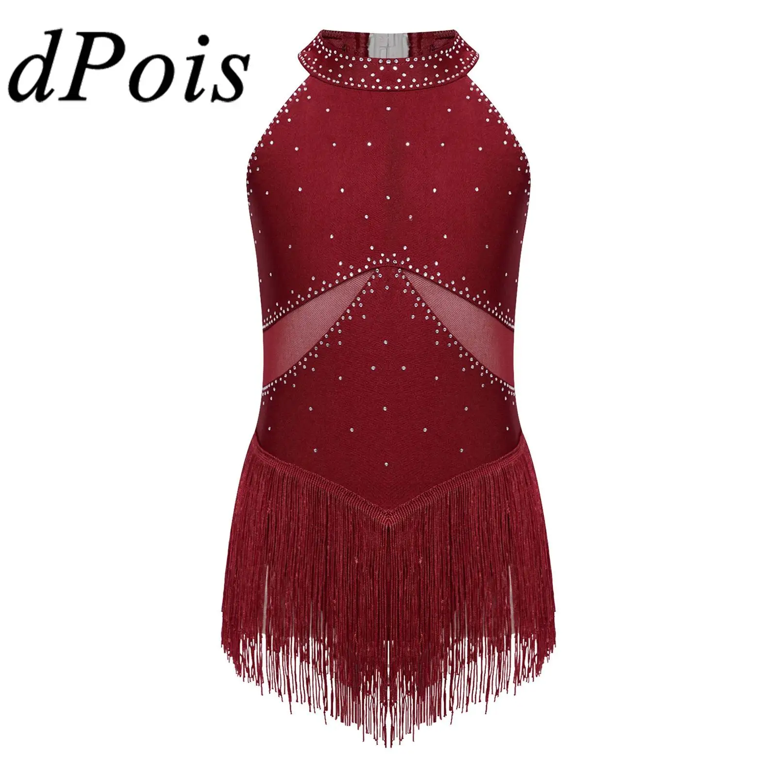 

Kids Girls Dance Fringed Leotard Dress Figure Skating Dress Tassel Bodysuit for Gymnastics Tango Cha-Cha Latin Dance Dancewear