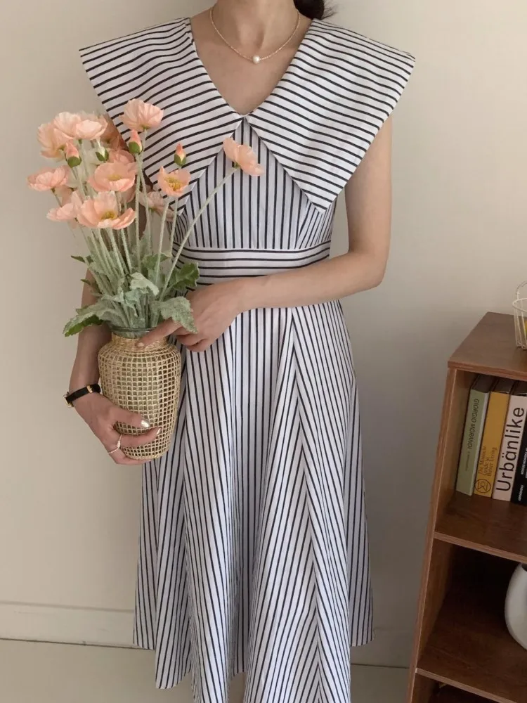 Summer Striped Print Sleeveless V-Neck Midi Dress Women Slim Waist Fashion Ladies Dresses Ruffle Pleated Korea Style Woman Dress