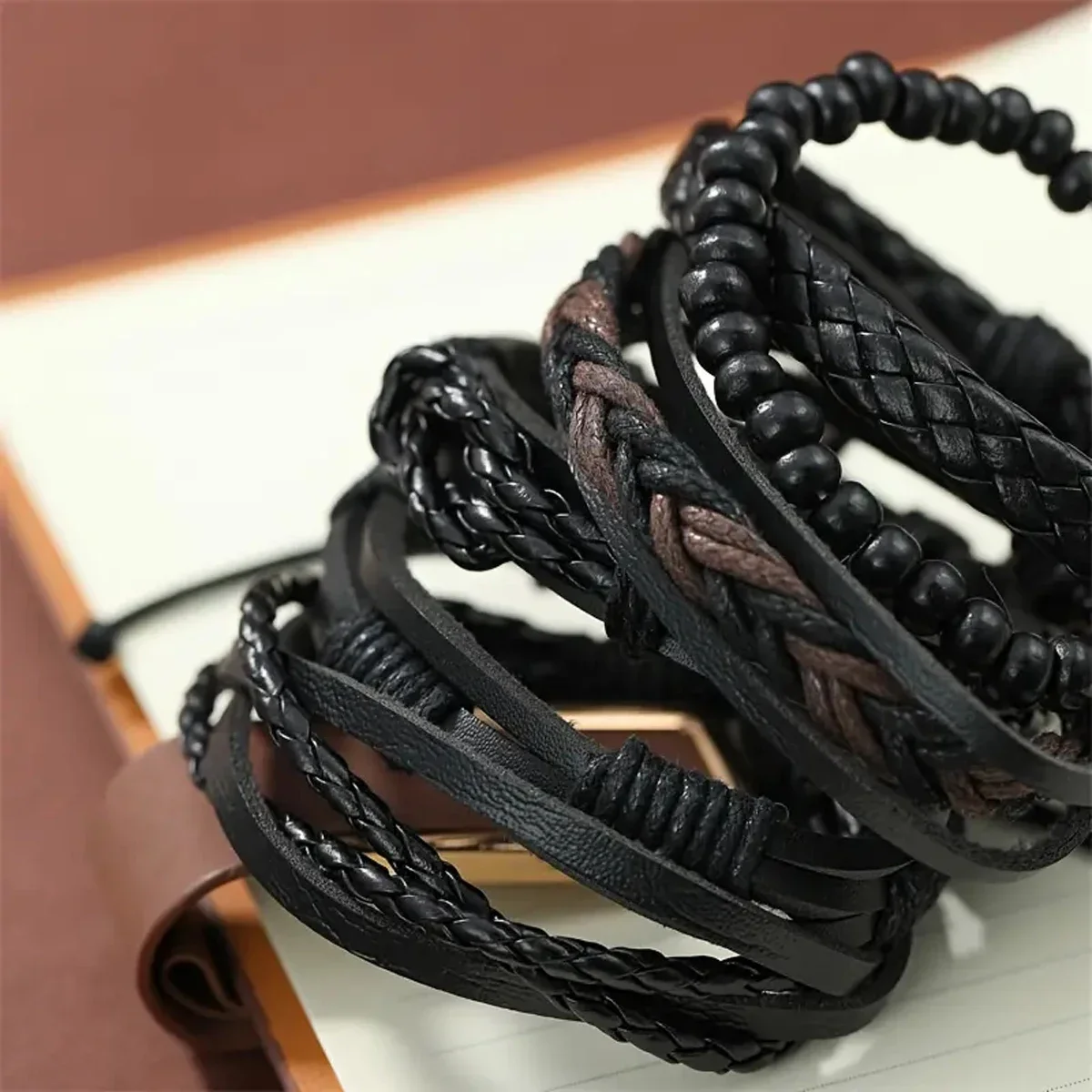 6pcs Men's PU Leather Punk Street Style Black Handmade Men Minimalist Twist Bracelet