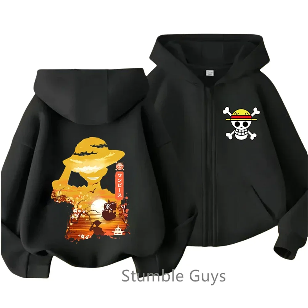 One Pieces Zipper Hoodie Kids Cartoon Print Clothes Anime Long-sleeved Luffy Zoro Hooded Sweatshirt Casual Top for Boys Girls