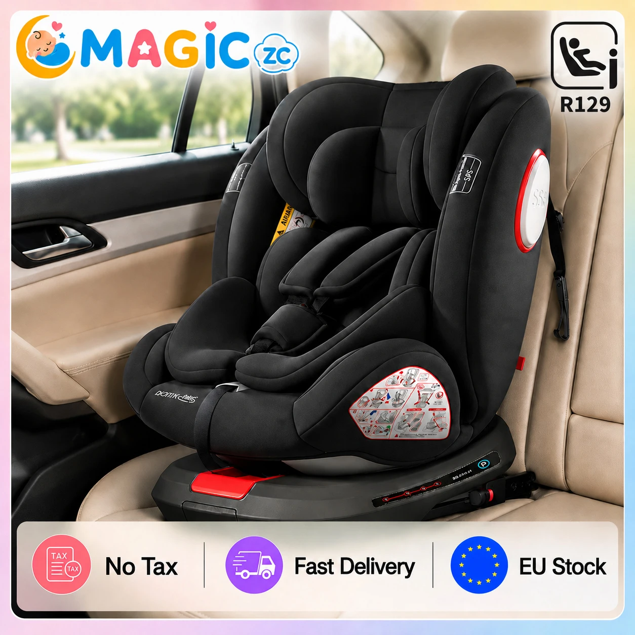 Siège auto pour bébé R129 40-150 cm 360 ° Siège auto enfant pivotant ISOFIX avec harnais 5 points, système de fixation supérieur, alarme, appuie-tête