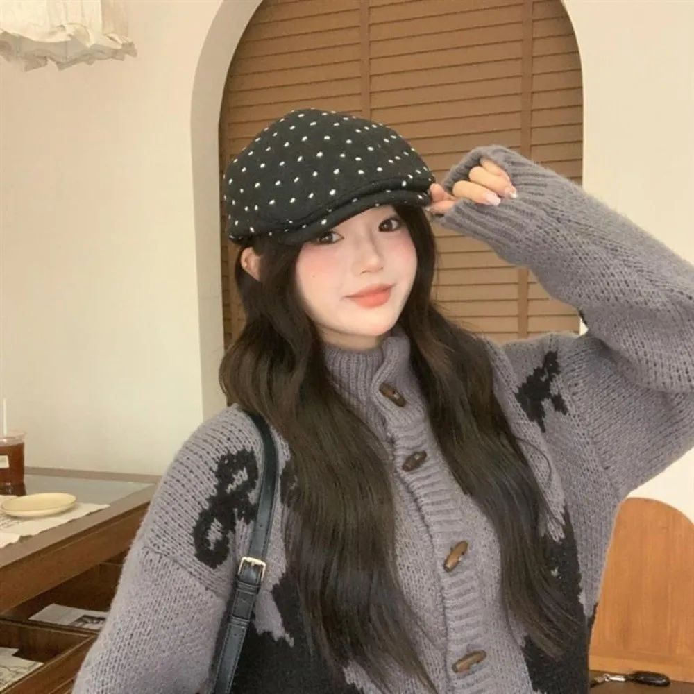 Fashionable Retro Forward Hat Polka Dot Adjustable Newsboy Cap Korean Style Painter Beret Autumn Winter Wear