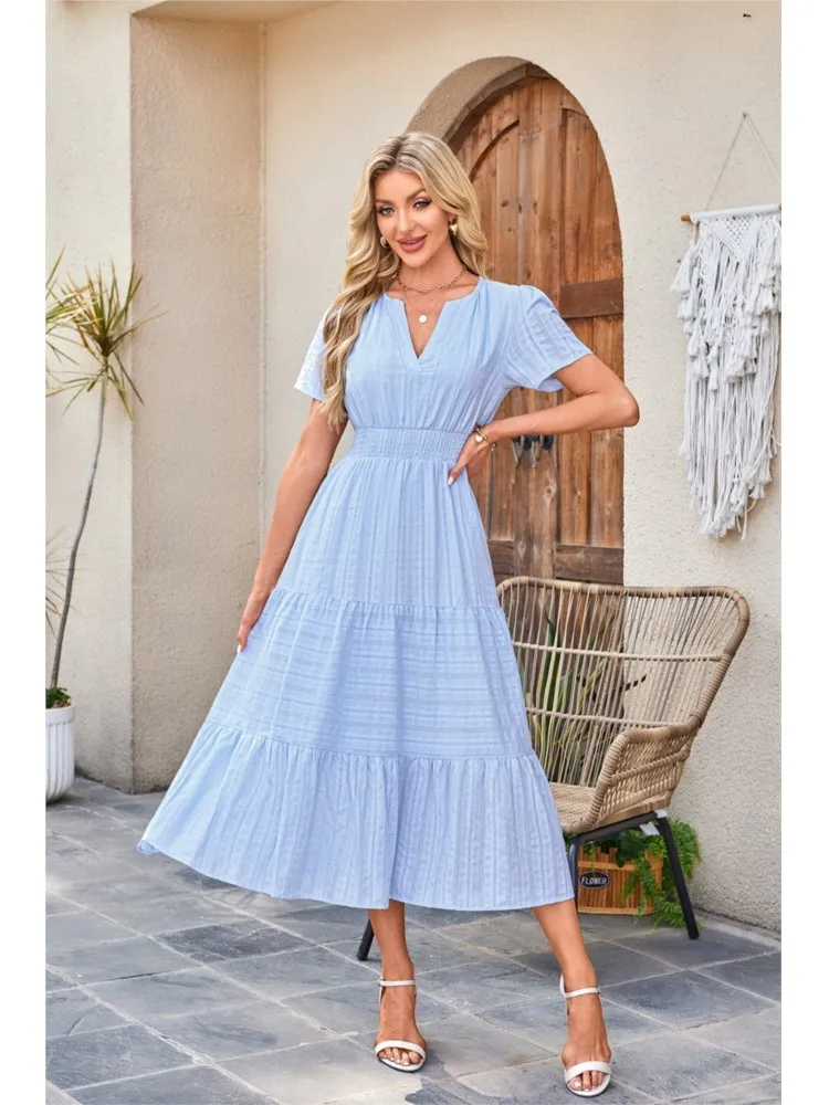 

Puff Sleeve Layered Swing Dress 2026 Spring And Summer Fashion Women's V-neck Pleated Long Skirt Elegant Solid Color Dress