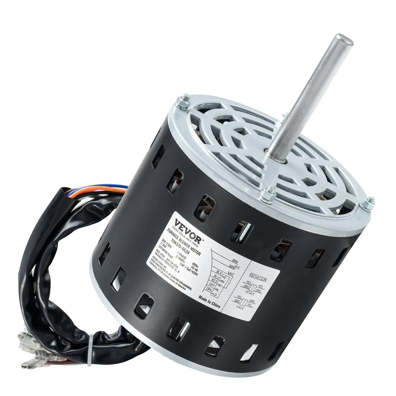 1/2HP Furnace Blower Motor, 208/230V 2.7Amps, 1075RPM 5 Speeds, CW/CCW Rotation, 48 Frame 3.4