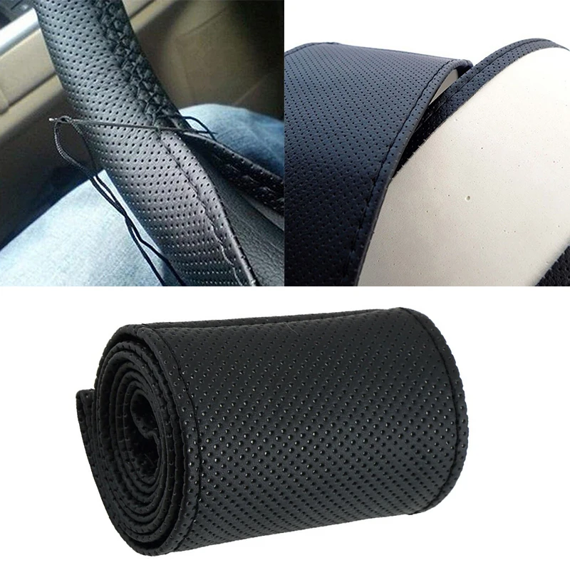 1Pc Universal Car Truck Leather Steering Wheel Cover With Needles and Thread Black DIY Auto Car Accessories