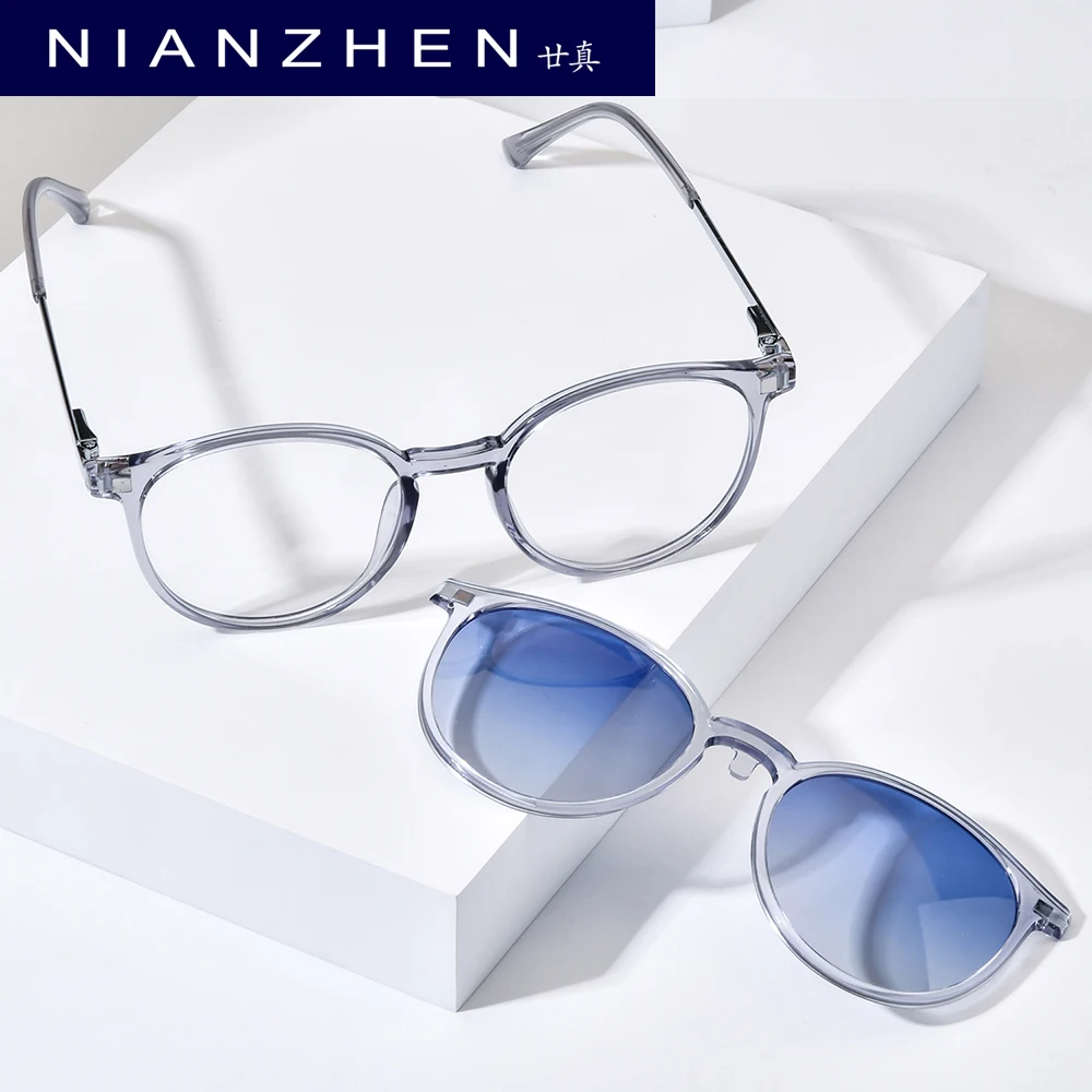 NIANZHEN TR90 Alloy Eyeglasses Frame Men 2026Round Magnet Clip Glasses Gradient Polarized Sun Lens Women Ultralight Eyewear 2186