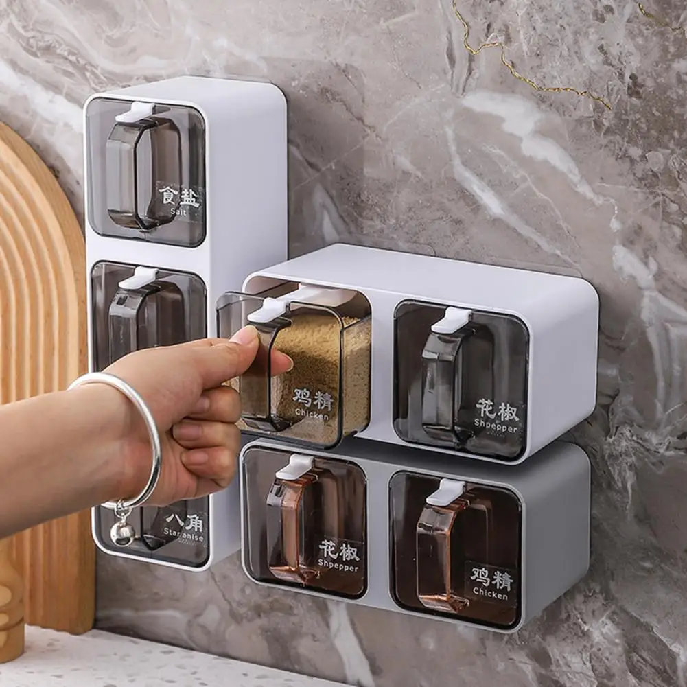 Wall-mounted Seasoning Box Spice Rack Sugar Bowl Salt Shaker Seasoning Container Spice Boxes with Spoons Kitchen Combination Set