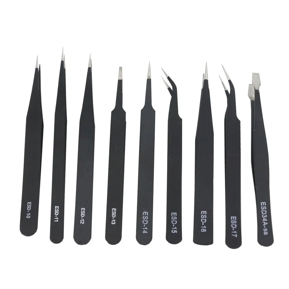 1 PCS precision black tweezers -10 11/12/13/14/15/16/17/34 pointed elbow straight edge tweezers stainless steel tool