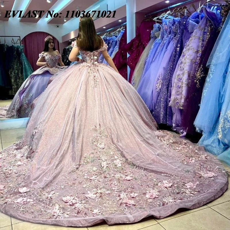 

EVLAST Customized Charro Lavender Quinceanera Dress Ball Gown 3D Floral Applique Beading Sweet 16 Vestidos De XV 15 Anos SQ43