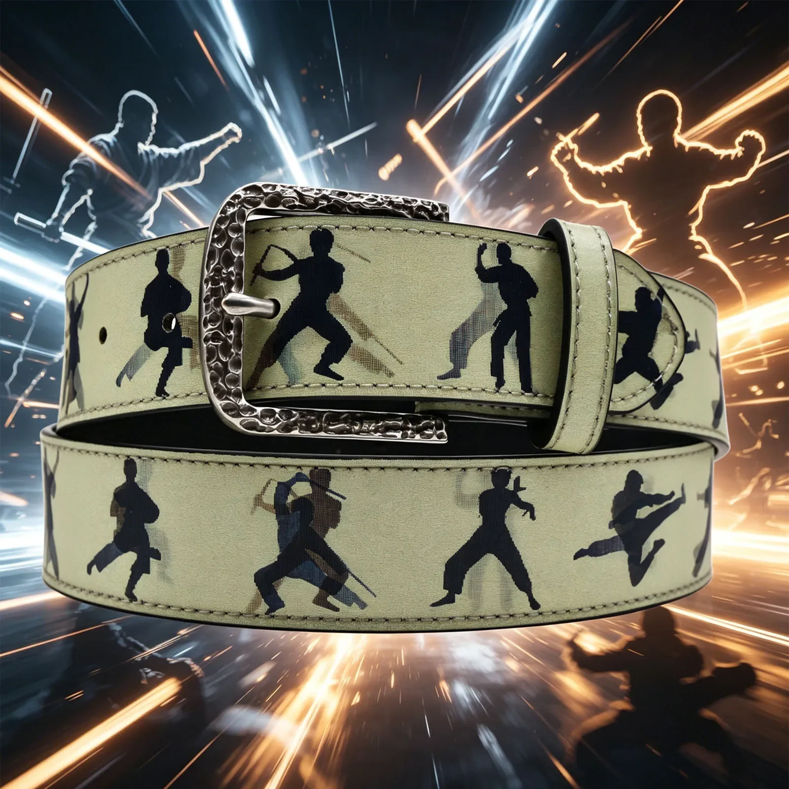 Cinturón de TPU Shift Image Kung Fu Master, diseño de silueta de artes marciales chinos con cambio de imagen, cinturón decorativo informal de mezclilla para hombres y mujeres