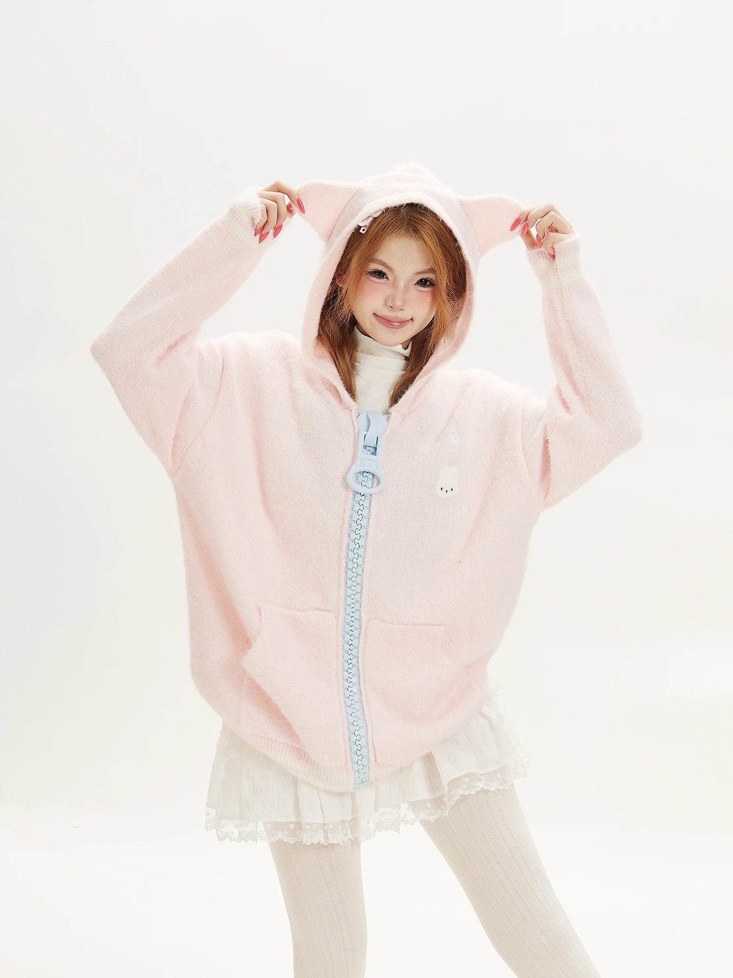 Sweet Cute Ant Large Zipper Knitted Hoodie Women's Autumn Winter Soft Warm Sweater Jacket Casual Loose Fit Polyester Nylon