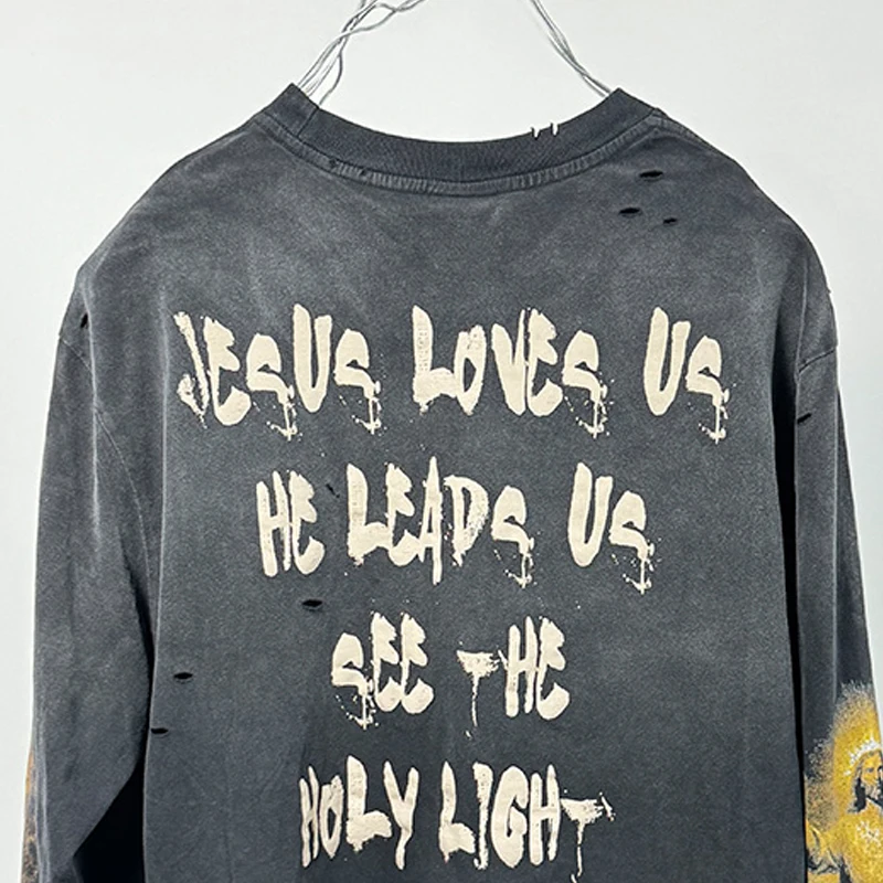 كامل رسائل الرسومات طباعة يسوع على الصليب بأكمام طويلة تي شيرت الرجال النساء المتضخم خمر غسلها الأسود التالفة حفرة سانت الأعلى