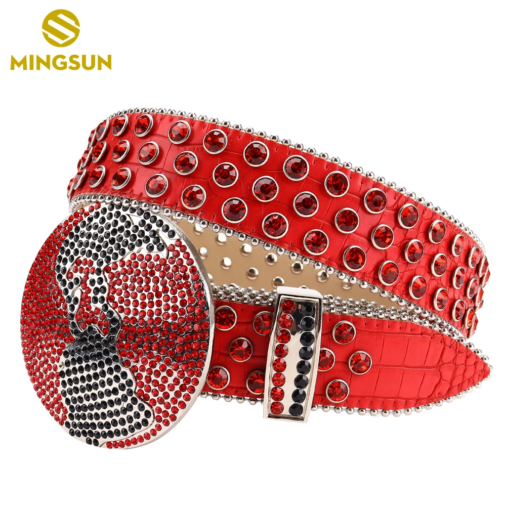 

Fashion Goth Red Leather Men Belt Western Rhinestones Belts Metal Globe Buckle Casual Diamond Studded Belts Ceinture Femme Luxe