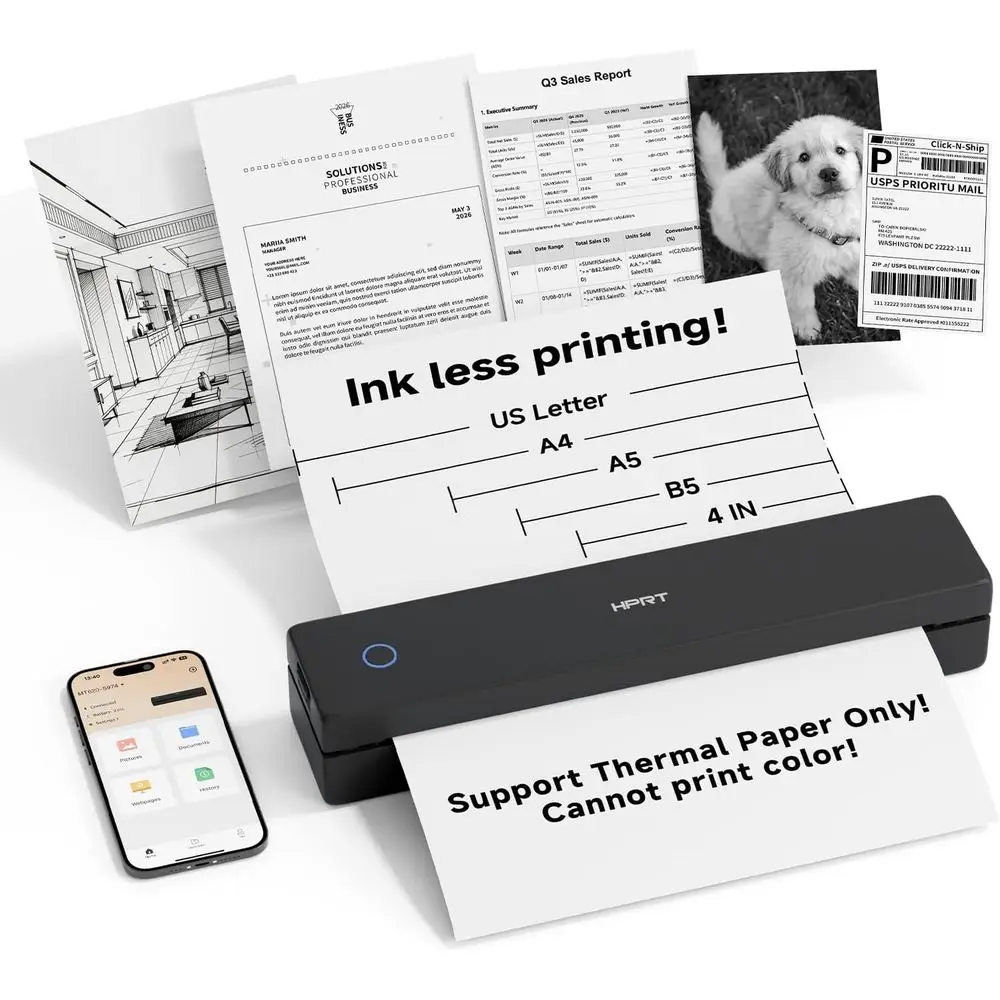 

Portable Wireless Thermal Printer for Travel, Compatible with iOS/Android/Laptops, Supports 8.5x11, A4, A5 Sizes, Ideal for Offi
