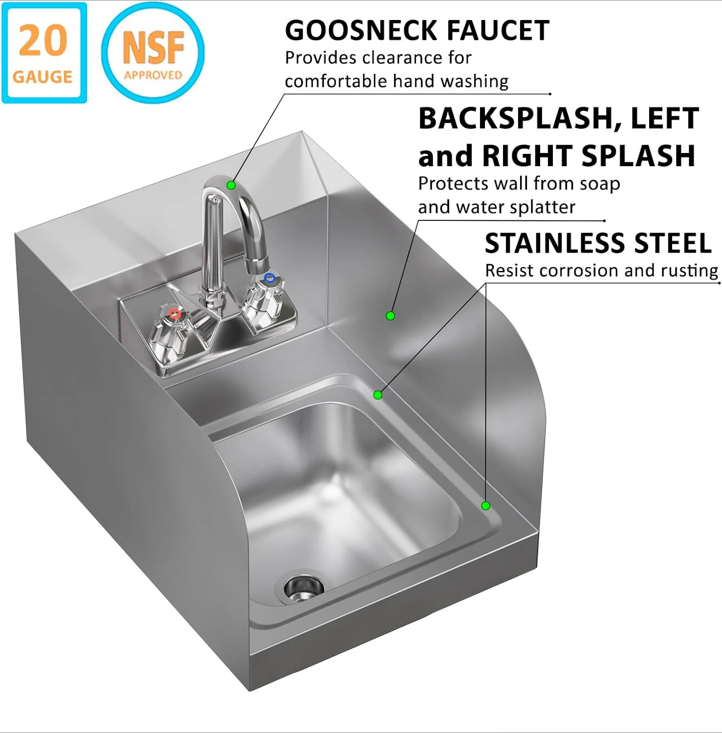 Faucet and sidesplash 12 "x 16" | NSF อ่างล้างมือเชิงพาณิชย์สำหรับร้านอาหารห้องครัวและที่บ้าน | ชามขนาด: 9 "x 9"