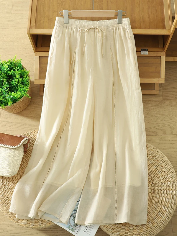 Calças Fenas de Linho com Renda Vazada, Perna Larga, Soltas, Retas, Casuais, de Cintura Alta, Estilo Comutador Longo para...