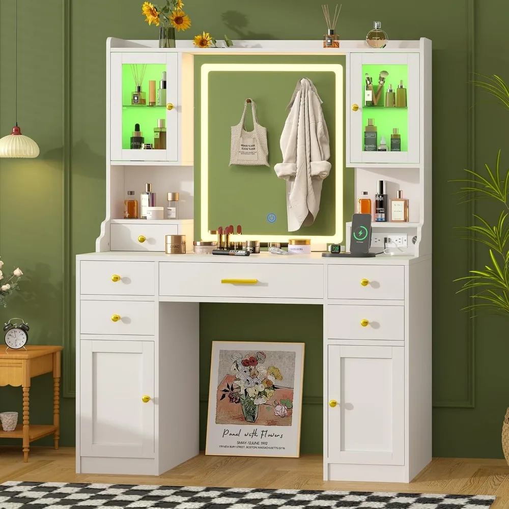 Vanity Desk with Mirror, Make up Vanity Mirror with 3 Lights Mode and Brightness Adjusted, 6 Drawers,4 cabinets,2 RGB cabinets image 6