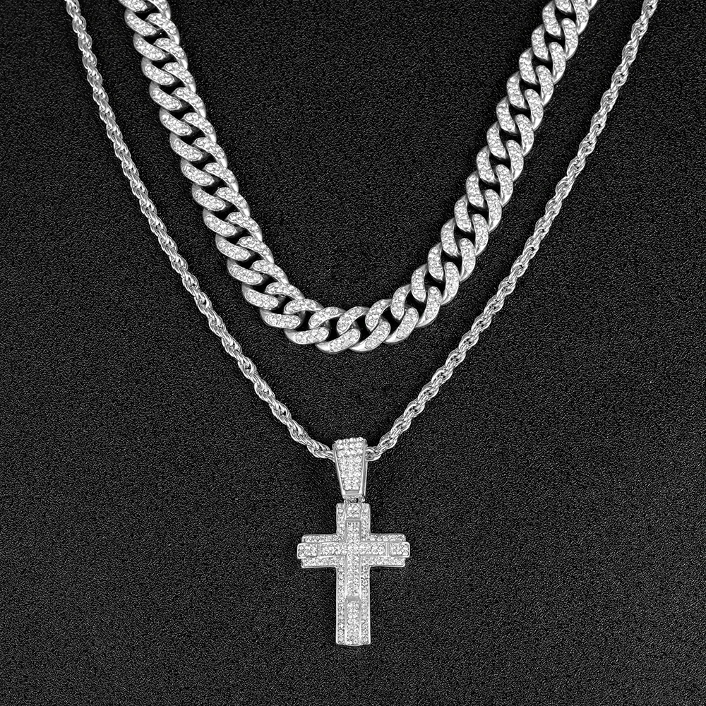 Men Women Shiny Cross Pendant Necklace With Miami Cuban Chain Link Hip Hop Iced Out Bling Fashion Exquisite Charm Jewelry Gift