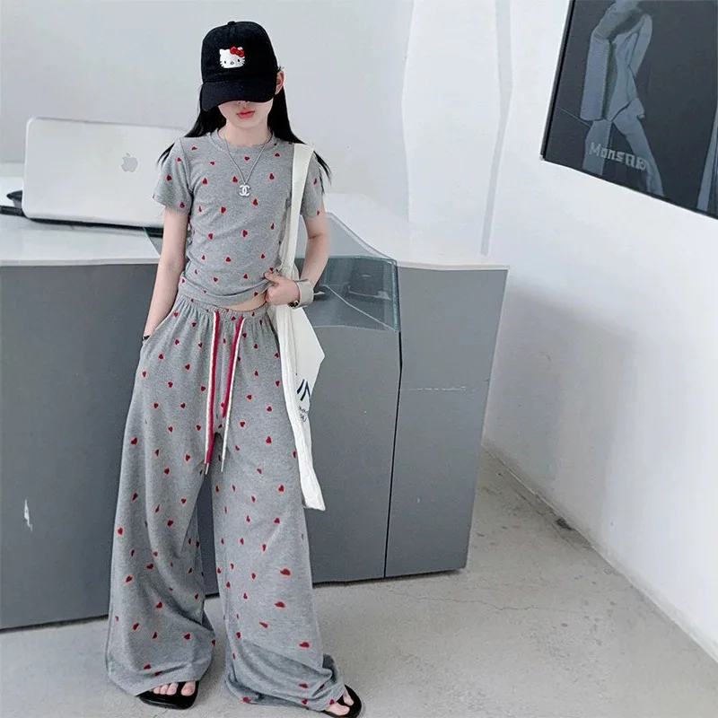 2026 Summer girls Children set short sleeve Teenager HEART LOOSE top t shirt t-shirt + wide leg long pants 4 6 7 8 10 12 14 year