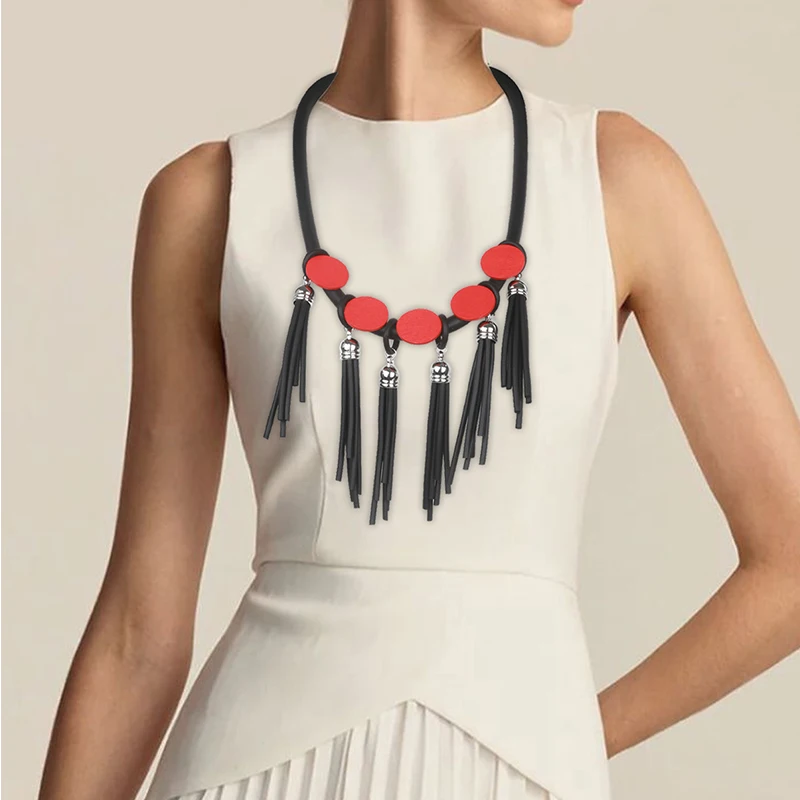UKEBAY Women Round Accent Tassel Statement Necklace Modern Bohemia Fashion Rubber Jewelry For Party Vocation Trendy Necklace