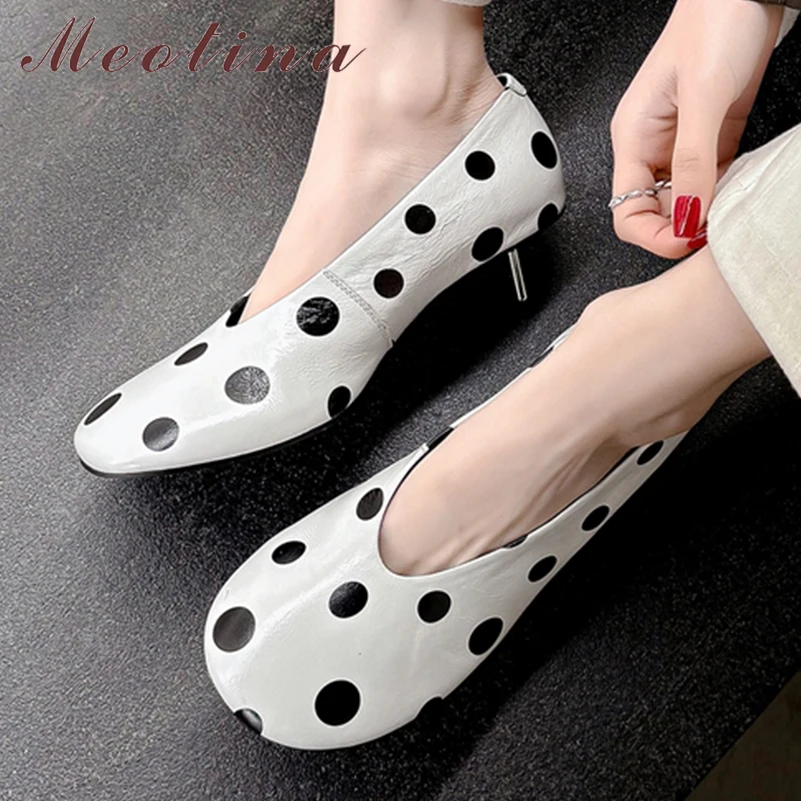 Meotina Women Genuine Leather Pumps Round Toe Thin Mid Heels Wave Point Concise Glove Shoes Ladies Fashion Shoes Spring Autumn
