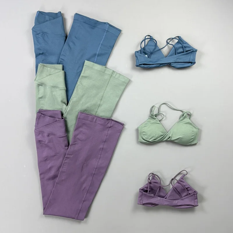 2Pcs Female Workout Matching Set High Waist Cross Flare Leggings Halter Neck Sports Bra Quick Dry Slimming Gym Training Outfit