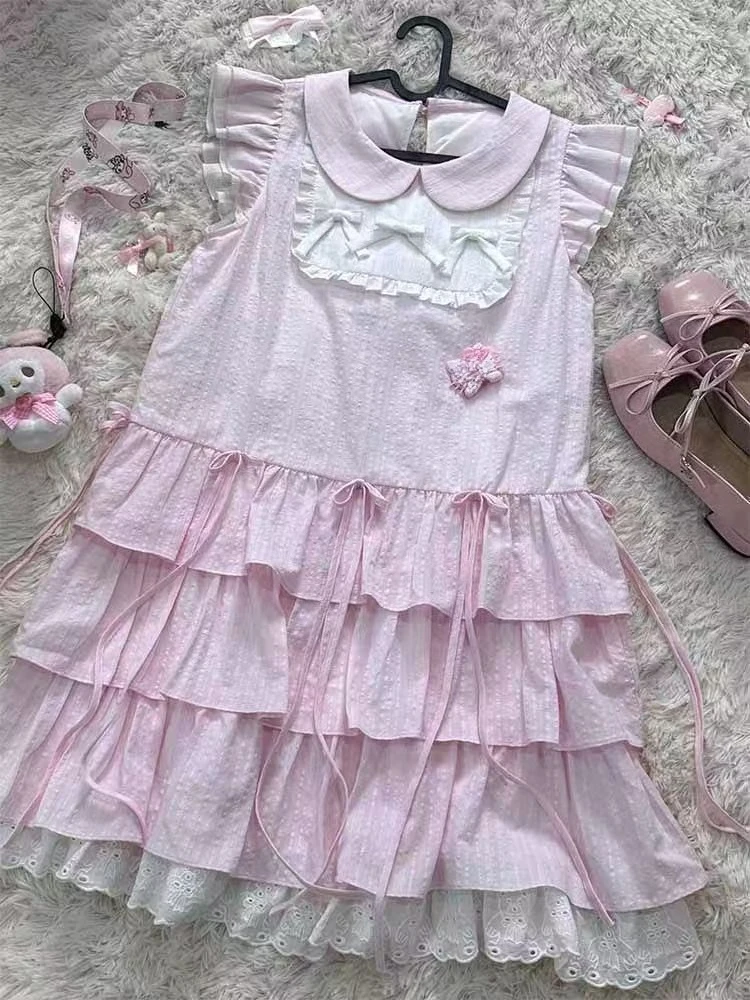 

Designer Sweet Pink Loose Dress Summer Kawaii Bow Sleeveless New Dresses Japanese Lovely Patchwork Cake Short Dresses Outfits