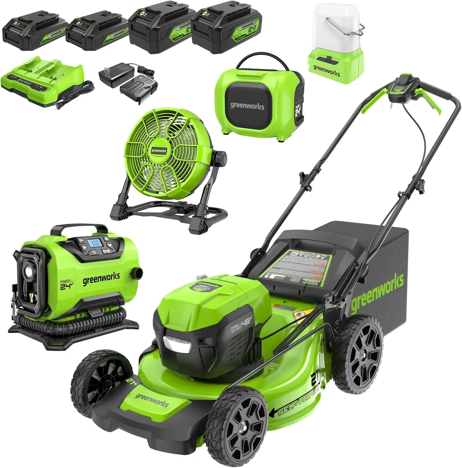 

48V (2x24V) 21" Brushless Self-Propelled Mower,500 Lumen Lantern,Fan,Mini Bluetooth Speaker,Inflator,Combo Kit,(2) 5Ah &(2) 2Ah