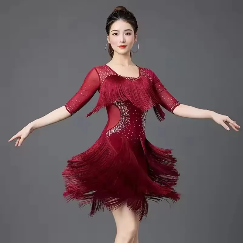 Vestidos de baile latino de una pieza para mujer, vestido elástico con tirantes, Media manga, flecos, conjunto de disfraces de competición, Gilr, Salsa, Samba