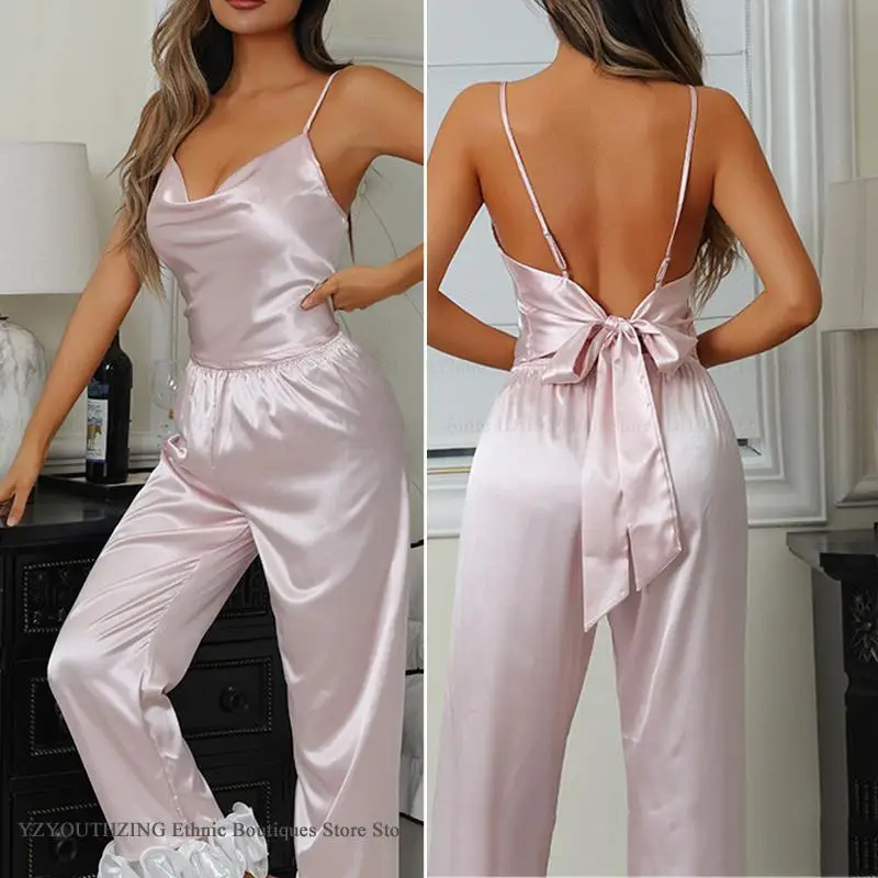

Sexy Suspender Trouser Pijama Mujer Summer Backless Cami Pajamas Set Loungewear Elegant French Princess Style Sleepwear Pyjama