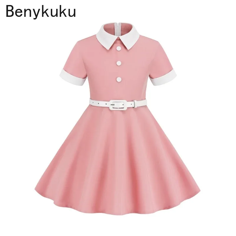 Turn Down Collar Vintage Kids 1950s Swing Dress Button Front Summer Children Short Sleeve Belted Bridesmaid Dresses for Girls