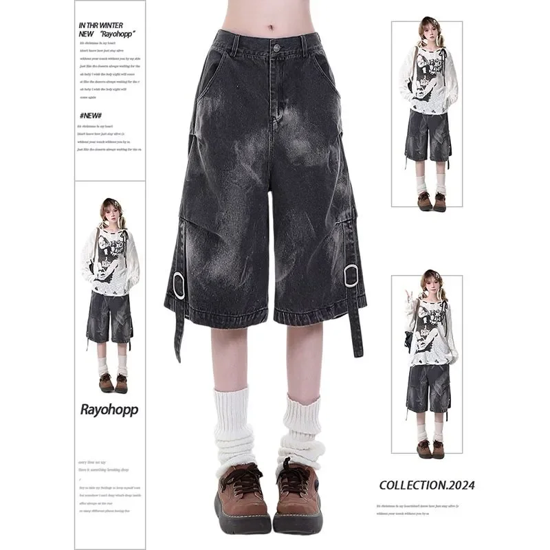 Women's Washed Black Denim Jorts with D-Ring Strap Detail  Baggy Wide Leg Cargo Shorts for Streetwear