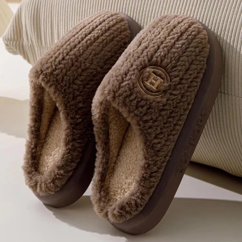 Thick Sole Home Indoor Outside Men And Women Couples Winter Household Warm Fluffy Slippers High Heels Plush Cotton Shoes Ladies