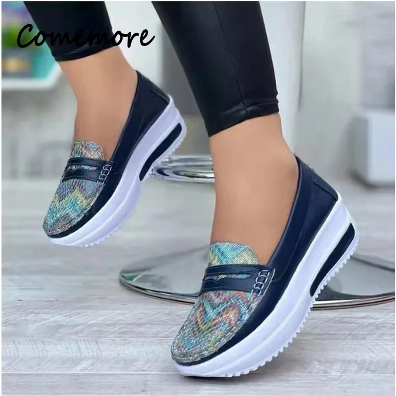 Comemore Plus Size 43 Casual Flat Shoes of Women 2023 Fashion Round Toe Platform Sneakers Comfort Non Slip Woman Loafers Silver