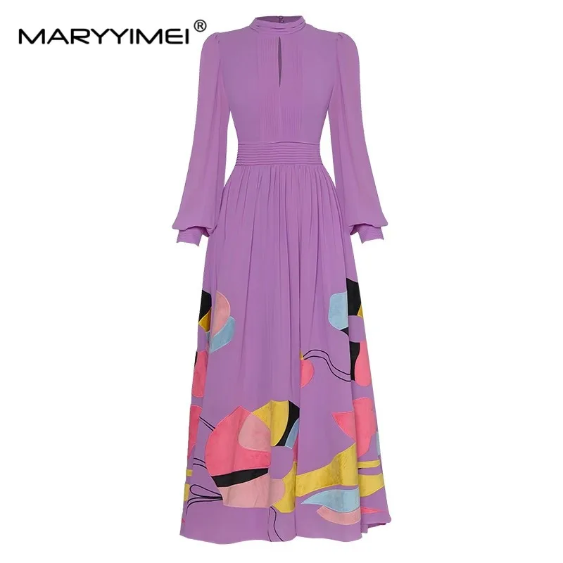 

MARYYIMEI Fashion Designer Spring Autumn Women's dress Standing collar Long sleeved Ruched Waist up Patch Designs Long Dresses