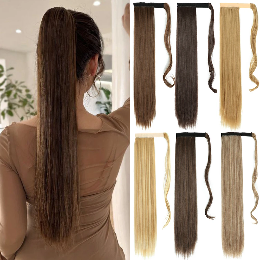 

Synthetic Hair 22''32'' Long Straight Ponytail Wrap Around Ponytail Clip in Hair Extensions Black Hairpiece Headwear