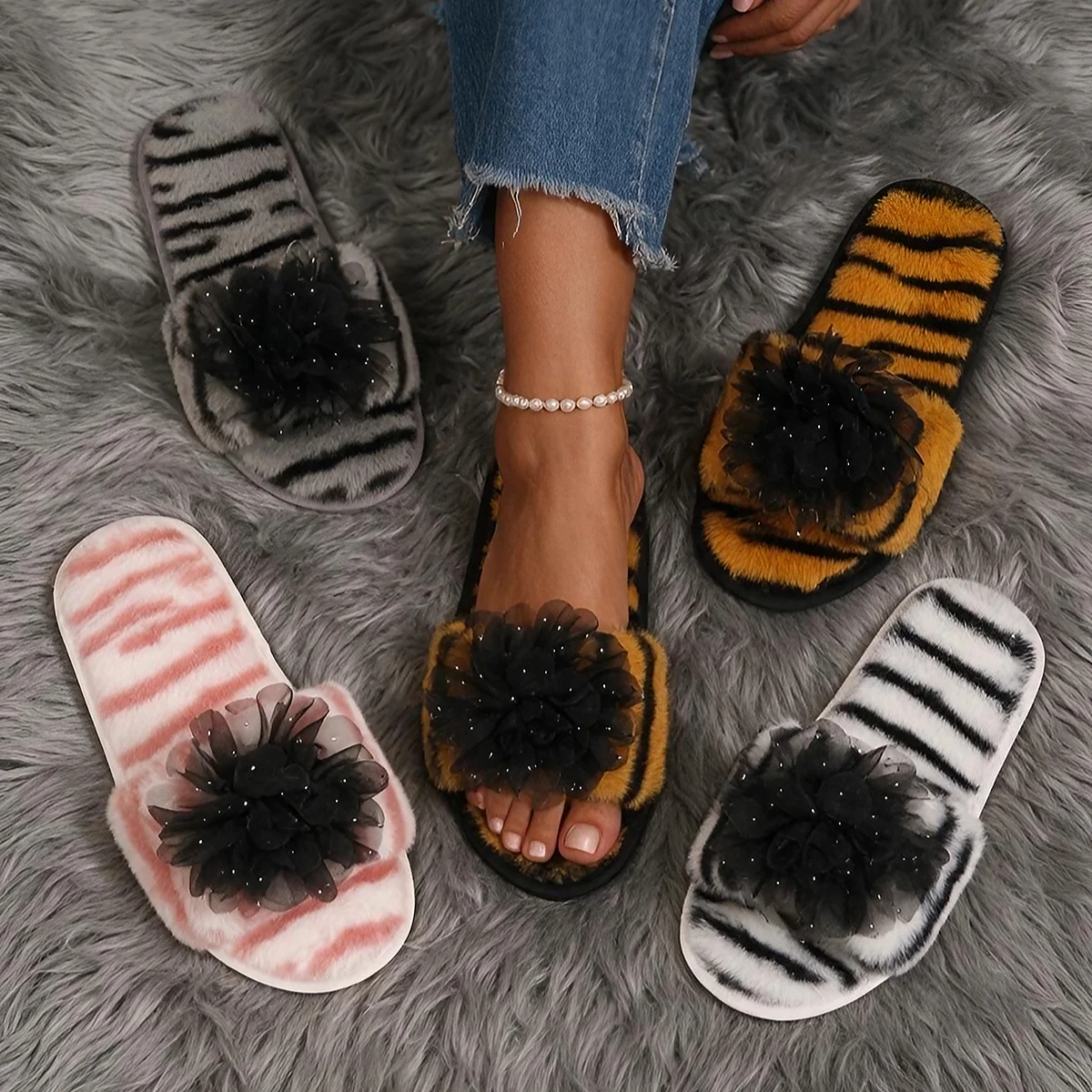 Gentle Breeze Mesh Floral Fuzzy Slippers for Women, Sweet Rose Flat Slippers, Girlish Home Casual One-strap Fuzzy Slides