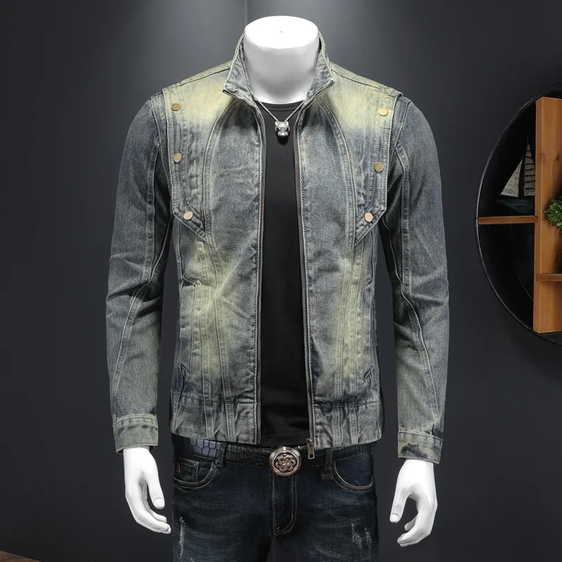 2024 Spring Autumn New Retro Patchwork Men's Denim Jacket Stand Collar Workwear Style Long Sleeve Fashionable Urban Cotton Ja...
