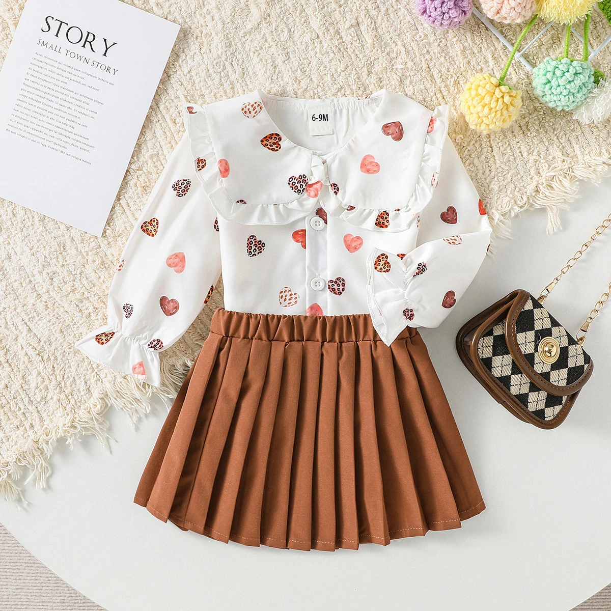 2-Pieces Baby Girls Long Sleeve Print Heart T-shirt Summer +Pleated Skirt Outfit Sets For 1-3Y Clothing Fashion Casual Suit