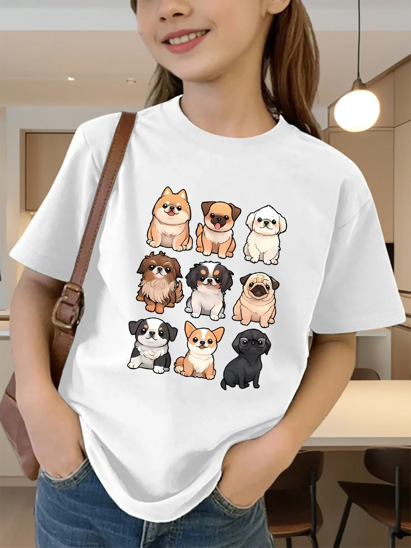Cute Cartoon Puppy Breeds Collection Graphic Kids Tee Boys Girls Family Matching Cotton Crew Neck Short Sleeve Soft Summer Tee