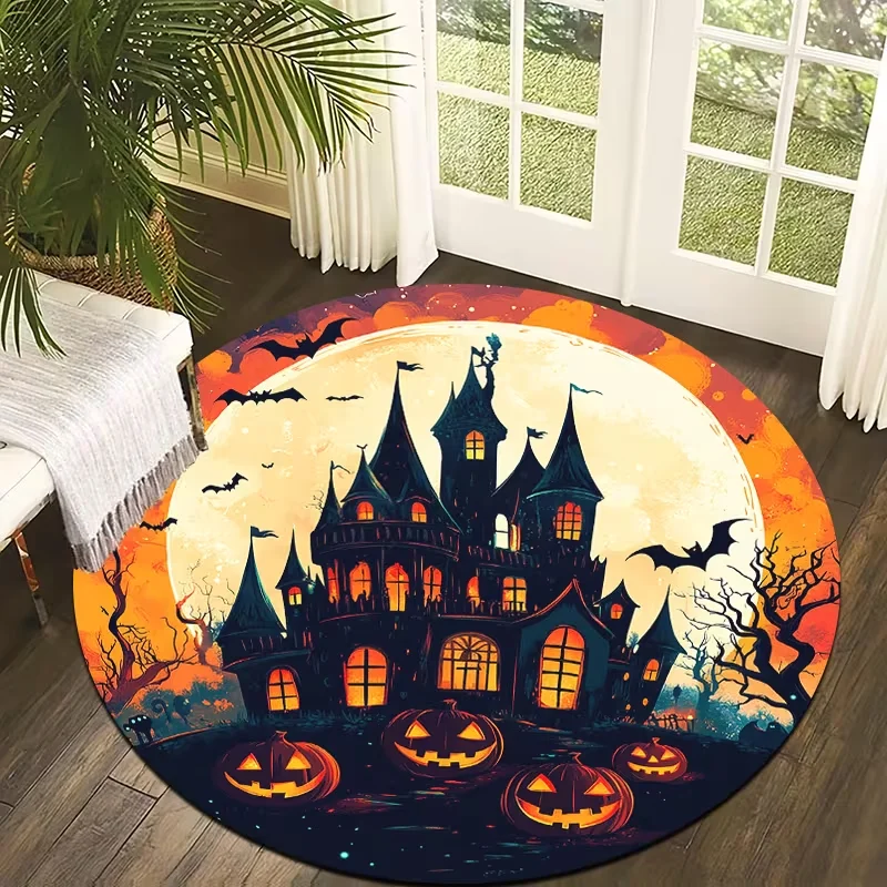 Halloween Spooky Haunted Castle Pumpkin Bat Full Moon Round Rug Non Slip Soft Carpet for Living Room Halloween Party Decor